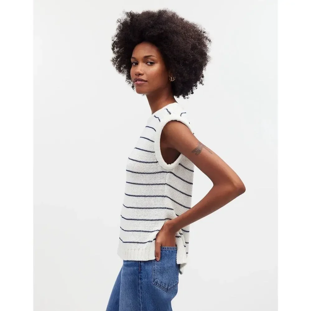 Madewell Puff-Trim Sweater Vest in Stripe Bright Ivory‎ Navy Size XXS NQ977